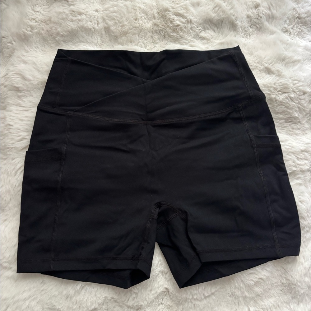 Black Women's Athletic Shorts with Crossover Waistband